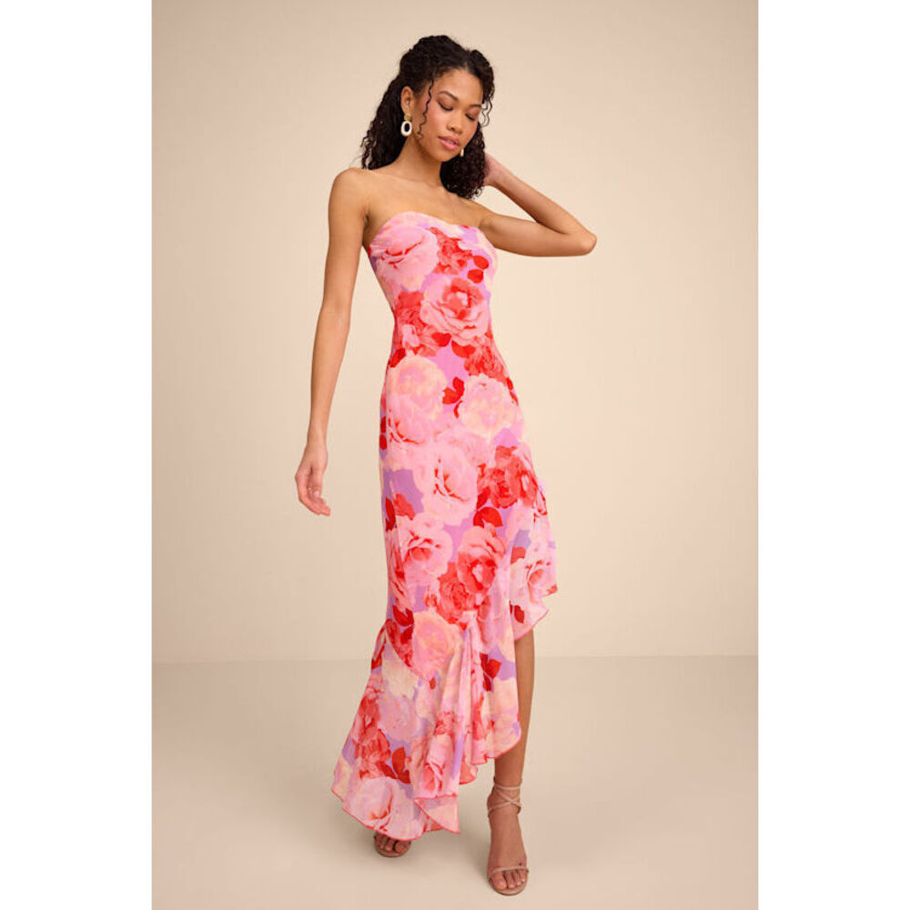 Lulus Simia Lavender Multi Floral Asymmetrical Midi Dress Purple - Size M
